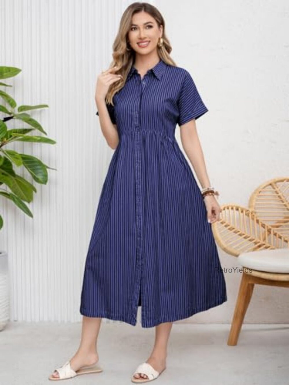Boho Striped Shirt Dress with Pockets Button Down Side Slit Mid Length - Picture 2 of 7